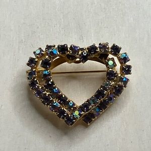 Peacock Aurora Borealis rainbow rhinestone double heart vintage brooch / pin